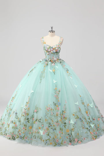 Prinsesse Mint Ball Kjole Spaghetti Stropper Tyll Quinceanera Kjole Med Blomst Appliques